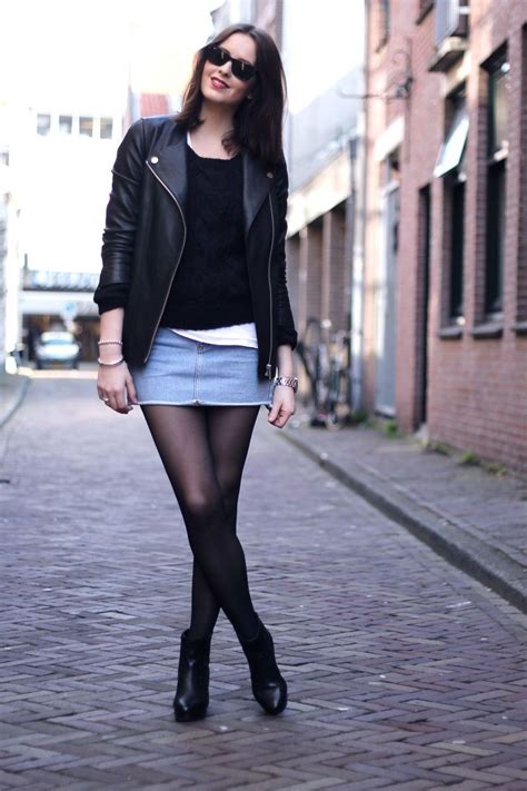 denim skirt and black tights